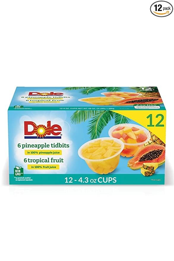 Fruit Bowls Pineapple Tidbits and Tropical Fruit in 100% Juice, Variety Pack, Gluten Free Healthy Snack, 4 Oz, 12 Total Cups