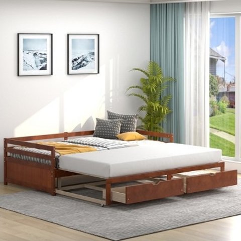 Costway Twin to King Daybed with 2 Drawers Wooden Sofa Bed for Bedroom Living Room White/Cherry