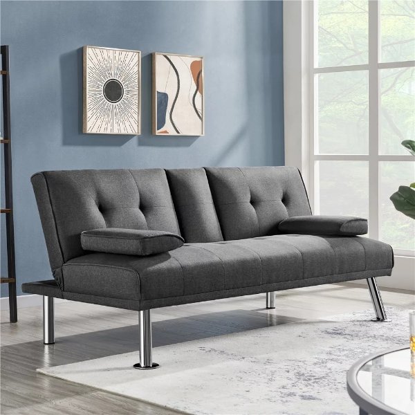 Modern Fabric Reclining Futon with Cupholders and Pillows, Gray