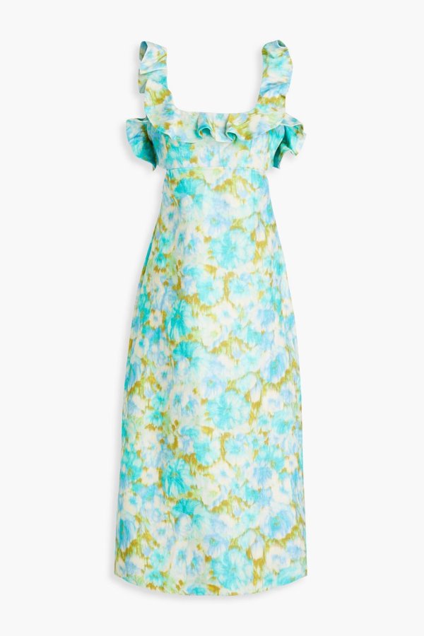 Ruffled floral-print linen midi dress