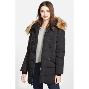 GUESS Quilted Parka with Removable Faux Fur Trim