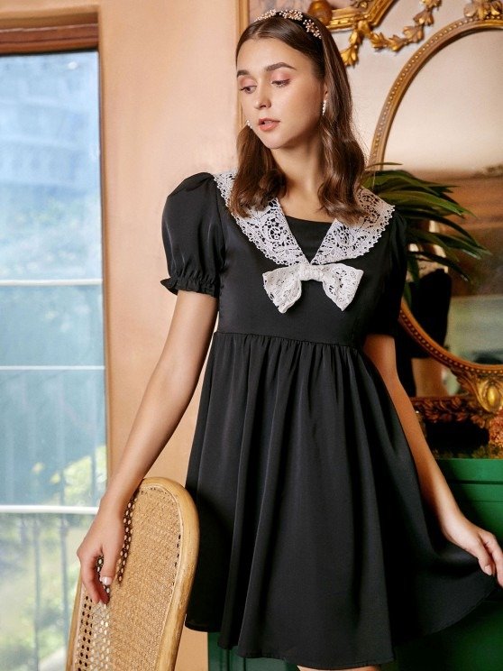 Lace Panel Bowknot Puff Sleeve Mini Dress BLACK