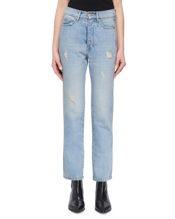 High-Waist Cropped Straight-Leg Jeans w Distressing Zip-Front Long-Sleeve Wool-Blend Pullover Top w/ Patch Pockets