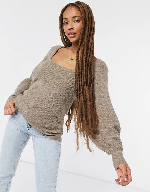 sweater with square neck and volume sleeve in taupe 