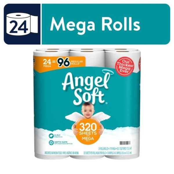 Toilet Paper, 24 Mega Rolls = 96 Regular Rolls, 2-Ply Bath Tissue