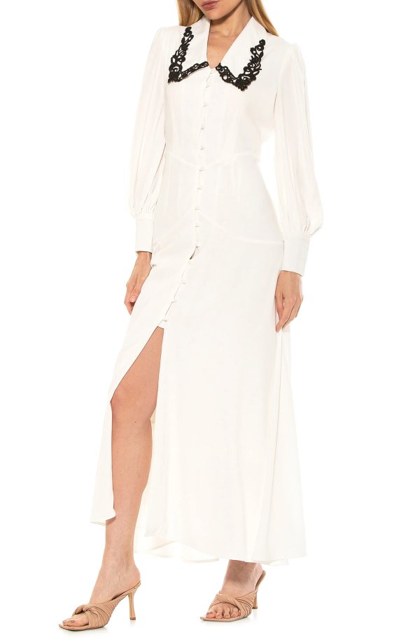 Lace Trim Collar Long Blouson Sleeve Maxi Dress