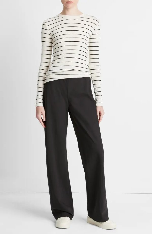 Stripe Long Sleeve Cotton & Modal Crewneck Top