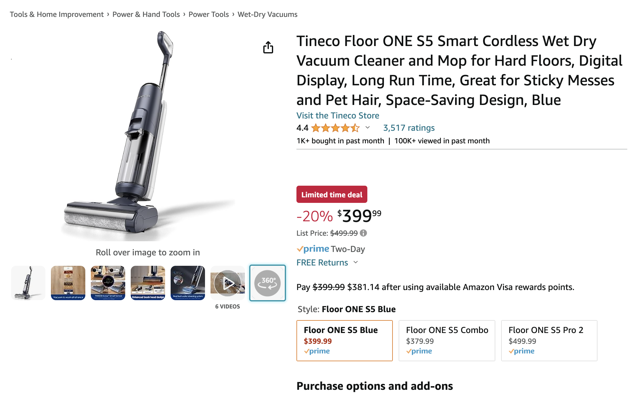 Tineco Floor ONE S5 Smart Cordless Wet Dry Vacuum Cleaner and Mop 