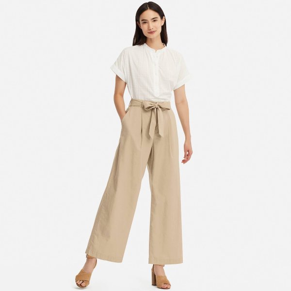 WOMEN BELTED LINEN COTTON WIDE STRAIGHT PANTS