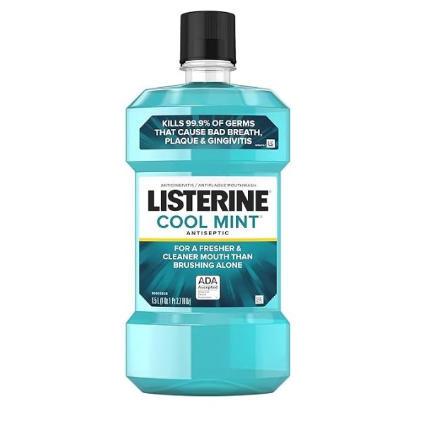 Cool Mint Antiseptic Mouthwash, Daily Oral Rinse Kills 99% of Germs that Cause Bad Breath, Plaque and Gingivitis for a Fresher, Cleaner Mouth, Cool Mint Flavor, 1.5 L