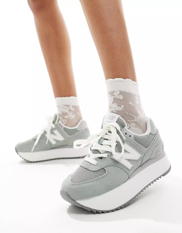 574+ platform sneakers in green with gray and white detail