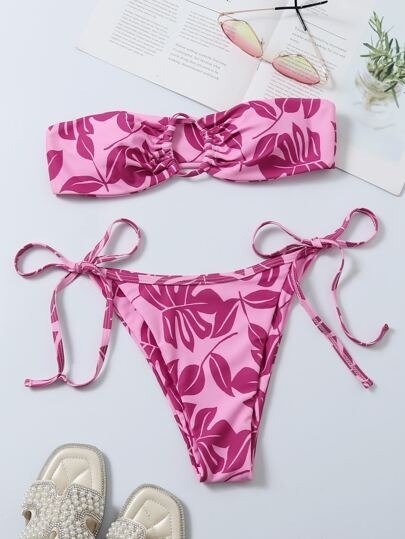 Plant Print Bandeau Tie Side Bikini Swimsuit