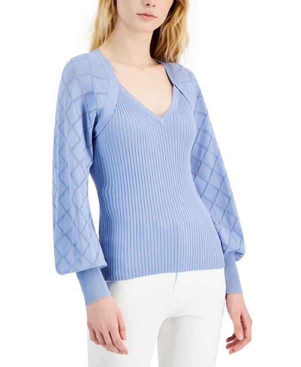 Women's Pointelle-Knit-Sleeve Ribbed Sweater, Created for Macy's