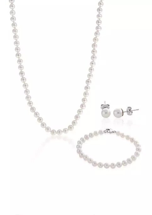 Sterling Silver Freshwater Pearl Necklace, Earrings and Bracelet Set