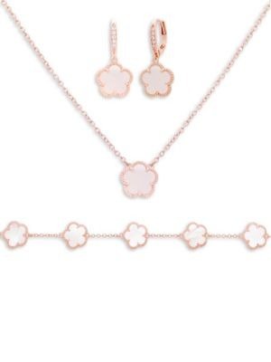 Flower 3-Piece 14K Rose Goldplated, Cubic Zirconia & Mother-Of-Pearl Set