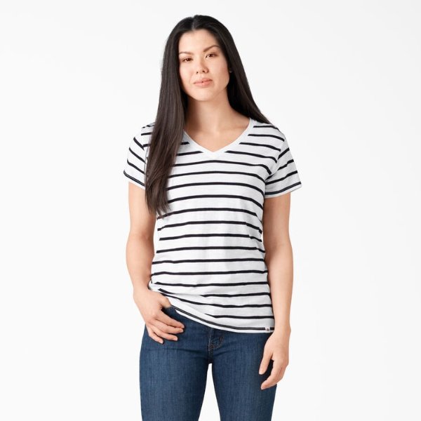 Women's Short Sleeve V-Neck T-Shirt - Dickies US, White Black Stripe XS
