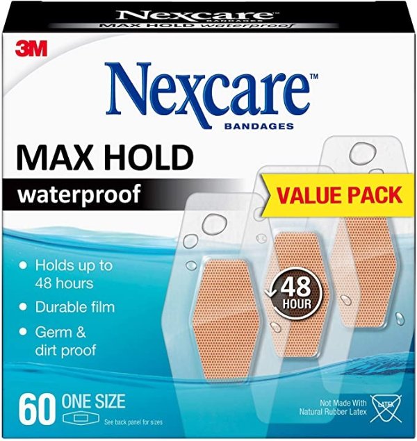 Max Hold Waterproof Bandages, Wound Care, Scrape, Cuts, Adhesive, Clear, Assorted, Transparent, 60 Count
