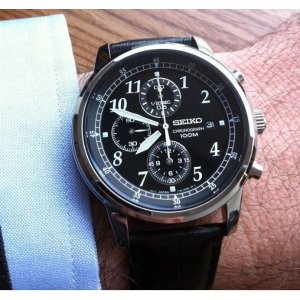 Seiko Chronograph Black Dial Black Leather Men's Watch SNDC33