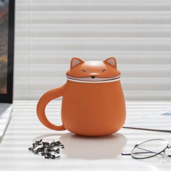 TANG PIN Orange Fox Mug with Infuser Ceramic Infusion Mug 13.5 OZ Animal Coffee Mug