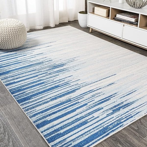 CTP112A-8 Linear Modern Half-Stripe Indoor Area-Rug Bohemian Easy-Cleaning High Traffic Bedroom Kitchen Living Room Non Shedding, 8 X 10, Blue