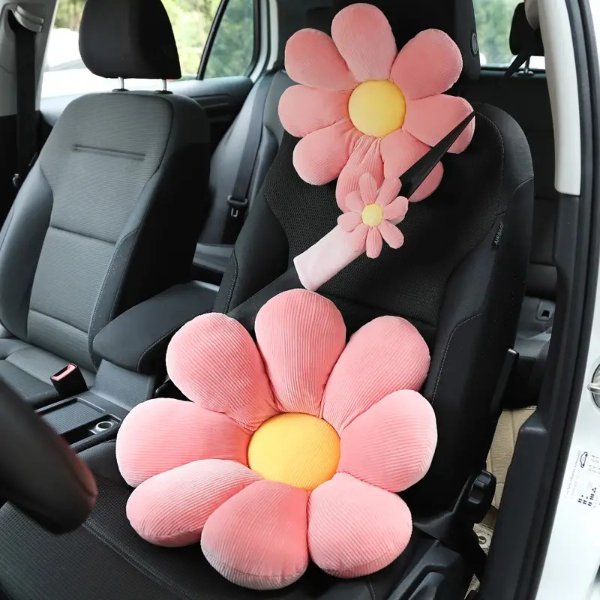 1 3pcs Cute Flower Car Neck Pillow Car Seat Cushion Soft Car Headrest Waist Pillow Safety Seat Belt Shoulder Pad Car Accessories For Girls Women - Automotive - Temu
