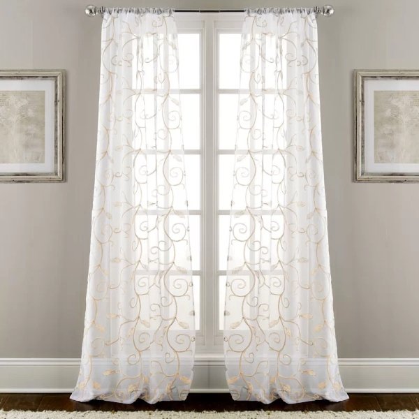 Lindsey Embroidered Nature/Floral Semi-Sheer Rod Pocket Curtain Panels