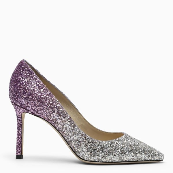 Silver/violet glitter-embellished Romy pumps