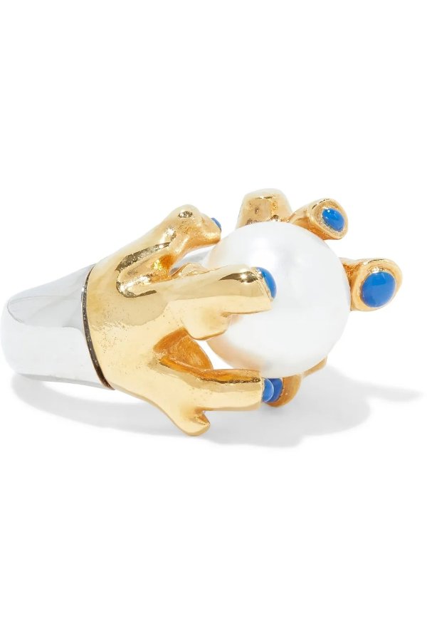 Connie gold and silver-tone, pearl and enamel ring