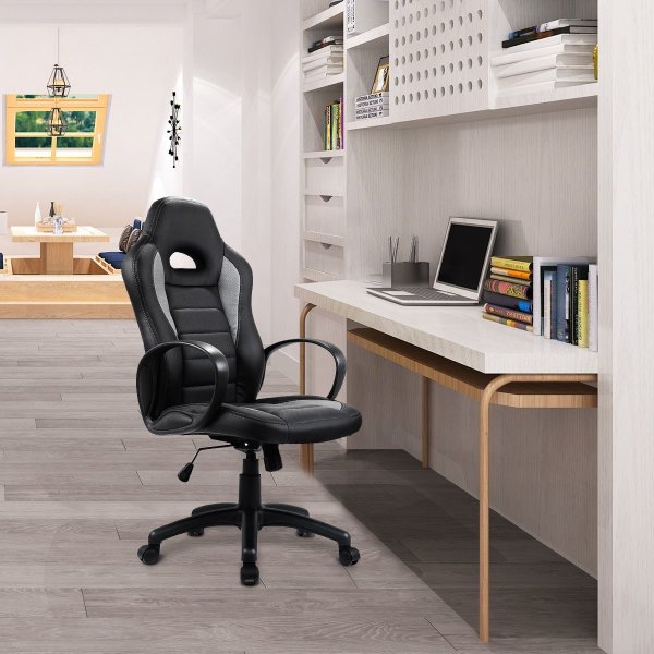 PU Leather High Back Executive Race Car Style Bucket Seat Office Desk Chair (Gray)