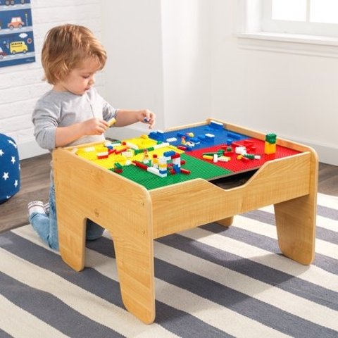 kidkraft2-in-1 Reversible Top Activity Table with 200 Building Bricks and 30-Piece Wooden Train Set - Natural