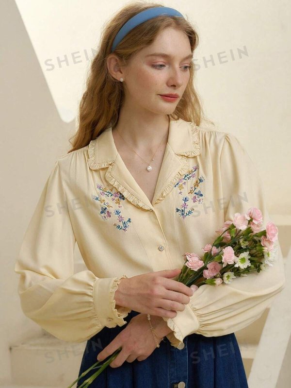 Simple Retro Viscose Embroidered Floral Embroidered Long Puff Sleeve Button Front Frill Trim Shirt