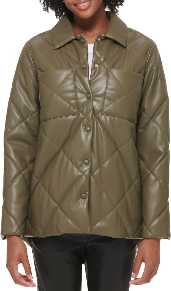 Women's Faux Leather Button Front Quilted Jacket