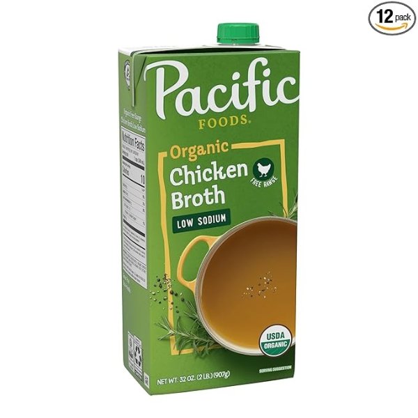 Pacific Foods Organic Free Range Chicken Broth, Low Sodium,32 Fl Oz (Pack of 12)