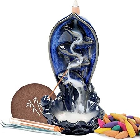 Lotus Backflow Incense Burner, Ceramic Waterfall Incense Holder with 120 Pieces Incense Cones + 30 Pieces Incense Sticks, Handcrafted Porcelain Censer for Yoga Aromatherapy Ornamen, Navy