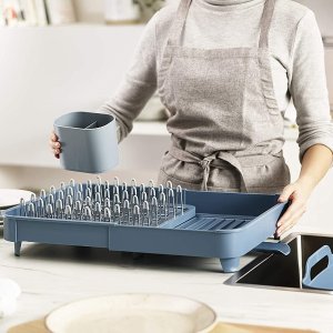 Joseph Joseph Extendable Dual Part Dish Rack Non-Scratch and Movable Cutlery Drainer and Drainage Spout, Sky