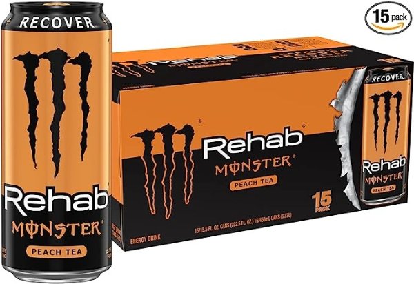Monster Rehab Peach Tea + Energy, Energy Iced Tea, Energy Drink, 15.5 Ounce (Pack of 15)