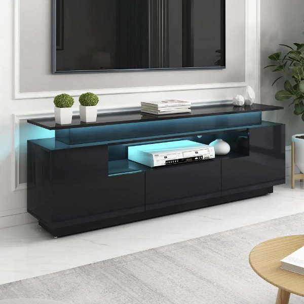 Stylish 67 in. Black TV Stand with Cabints, Drawer and Shelf Fits TV's up to 75 in. with Color Changing LED Lights