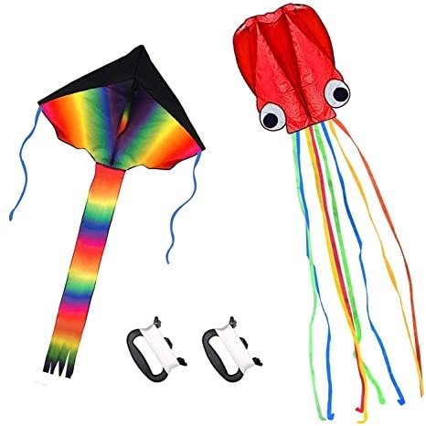 2 Pack Kites - Large Rainbow Kite and Red Mollusc Octopus with Long Colorful Tail for Children Outdoor Game,Activities,Beach Trip Great Gift to Kids Childhood Precious Memories