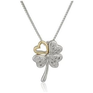 Sterling Silver and 14k Yellow Gold Leaf Clover with Heart Diamond Pendant Necklace (.09cttw)