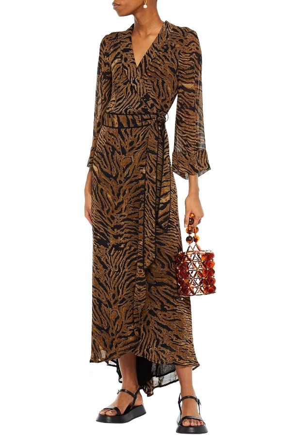 Tiger-print georgette maxi wrap dress