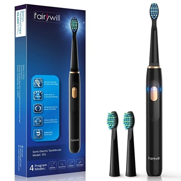 Electric Sonic Toothbrush Rechargeable for Adults and Kids, Travel-Friendly Design Whitening in 4 Optional Modes, USB Fast Charging with Timer IPX7 Waterproof 2 Brush Heads Black by Fairywill