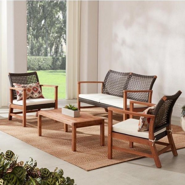 Clover Cay 4-Piece Wicker Outdoor Patio Conversation Seating Set With Off-White Cushions
