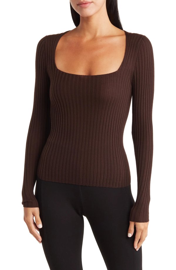 Square Neck Long Sleeve Ribbed Knit Wool Sweater