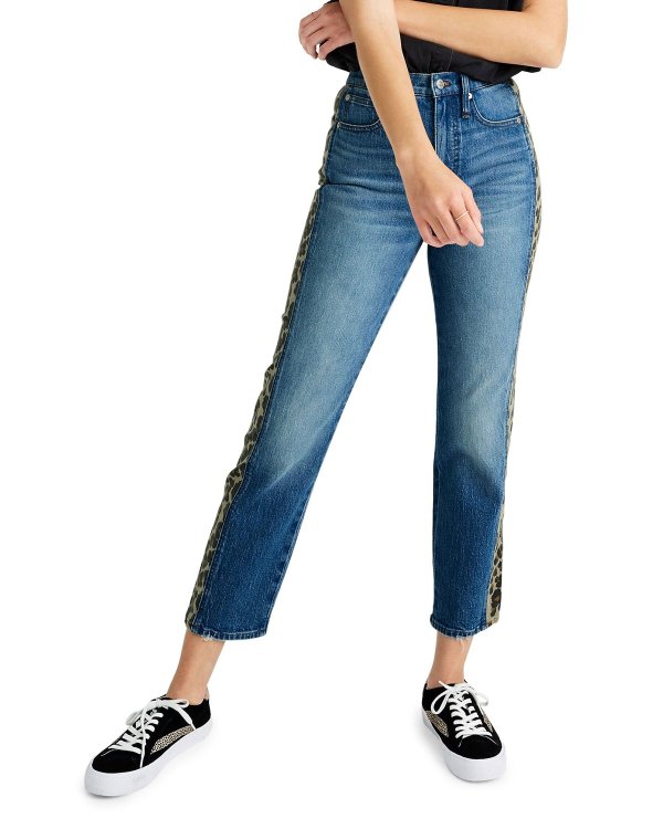 Classic Straight Cropped Jeans with Leopard Taping