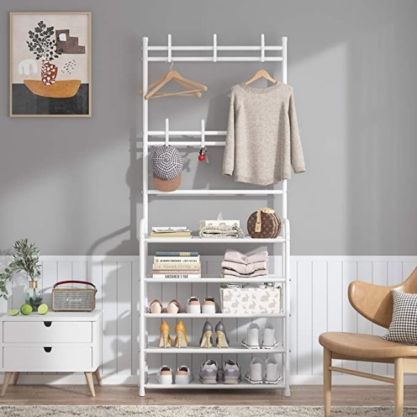 Entryway Coat Rack,Large Storage Space, with 5-Tier Shoes Storage Shelf,Provides Hanging and Storage Capabilities,Multifunctional Practical Storage Hanger,White
