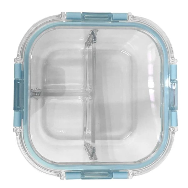 Teal 3 Section Rectangle Glass Food Locktop Container - 34 oz.