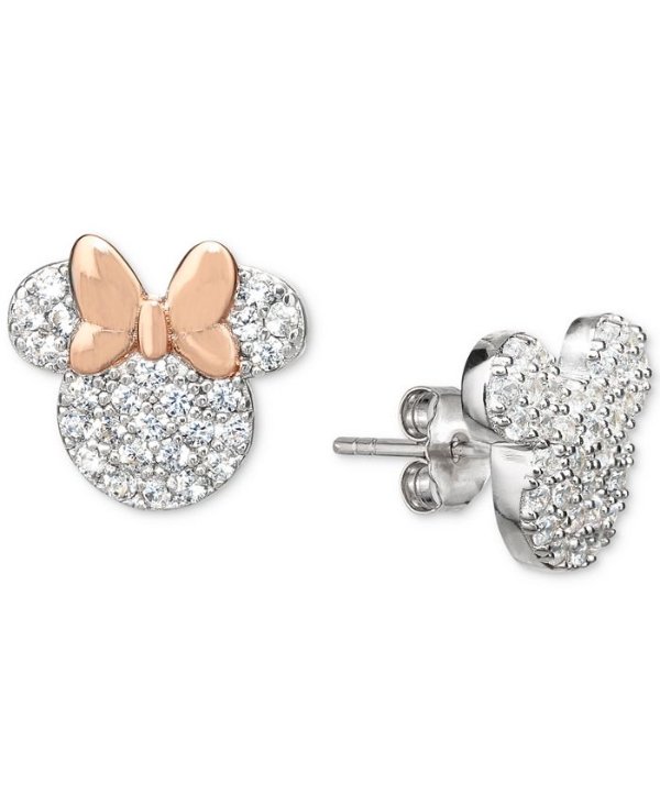 Cubic Zirconia Mickey and Minnie Mismatch Stud Earrings in Sterling Silver & 18k Rose Gold-Plate