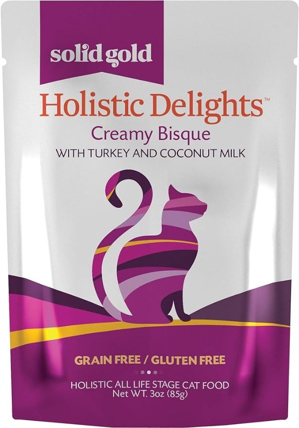 Wet Cat Food Pouches - Holistic Delights Creamy Bisque Lickable Cat Treats - Grain Free with Real Turkey in Coconut Puree for Your Kitten, Adult or Senior Cat - 24Ct/3oz Pouch
