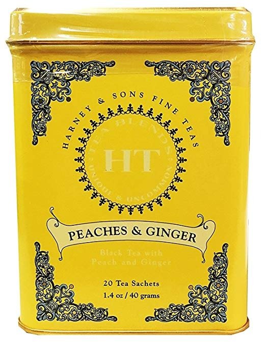 Peaches and Ginger Tea Tin Can - Caffeinated and High Quality, Great Present Idea - 20 Sachets, 1.4 Ounces