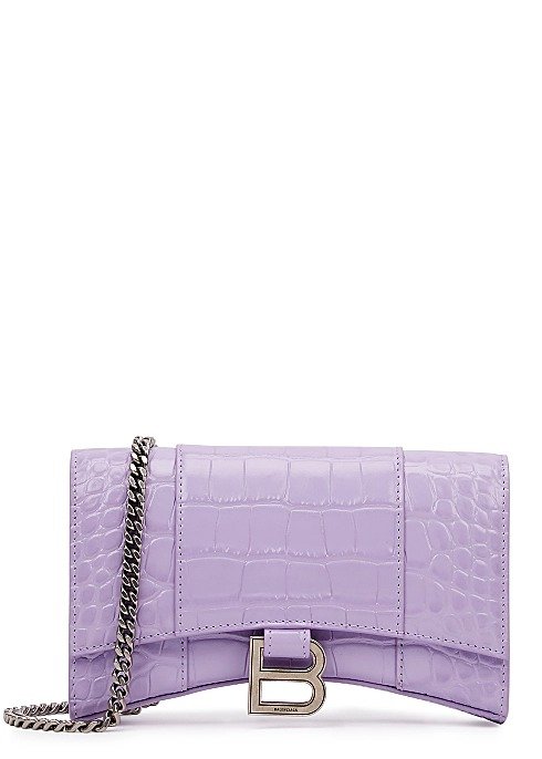 Hourglass lilac crocodile-effect leather wallet-on-chain